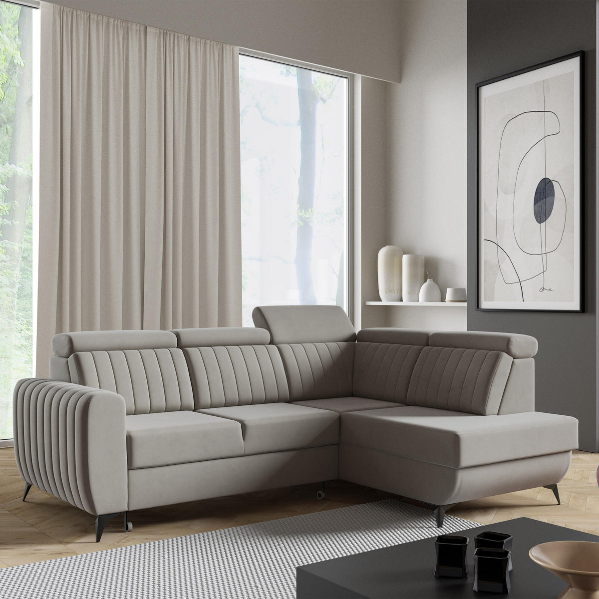 ECKSCHLAFSOFA Connor II verstellbare Kopfstützen, Dunkelbeige, rechts - Beige/Schwarz, Textil (268/204cm) - Beautysofa
