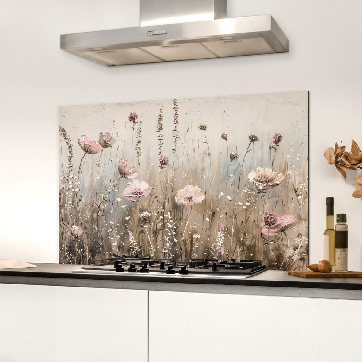 SPRITZSCHUTZ KÜCHE Blumen - Beige - Trockenblumen 80x55 cm - Beige, Metall (80/0.3/55cm) - MuchoWow