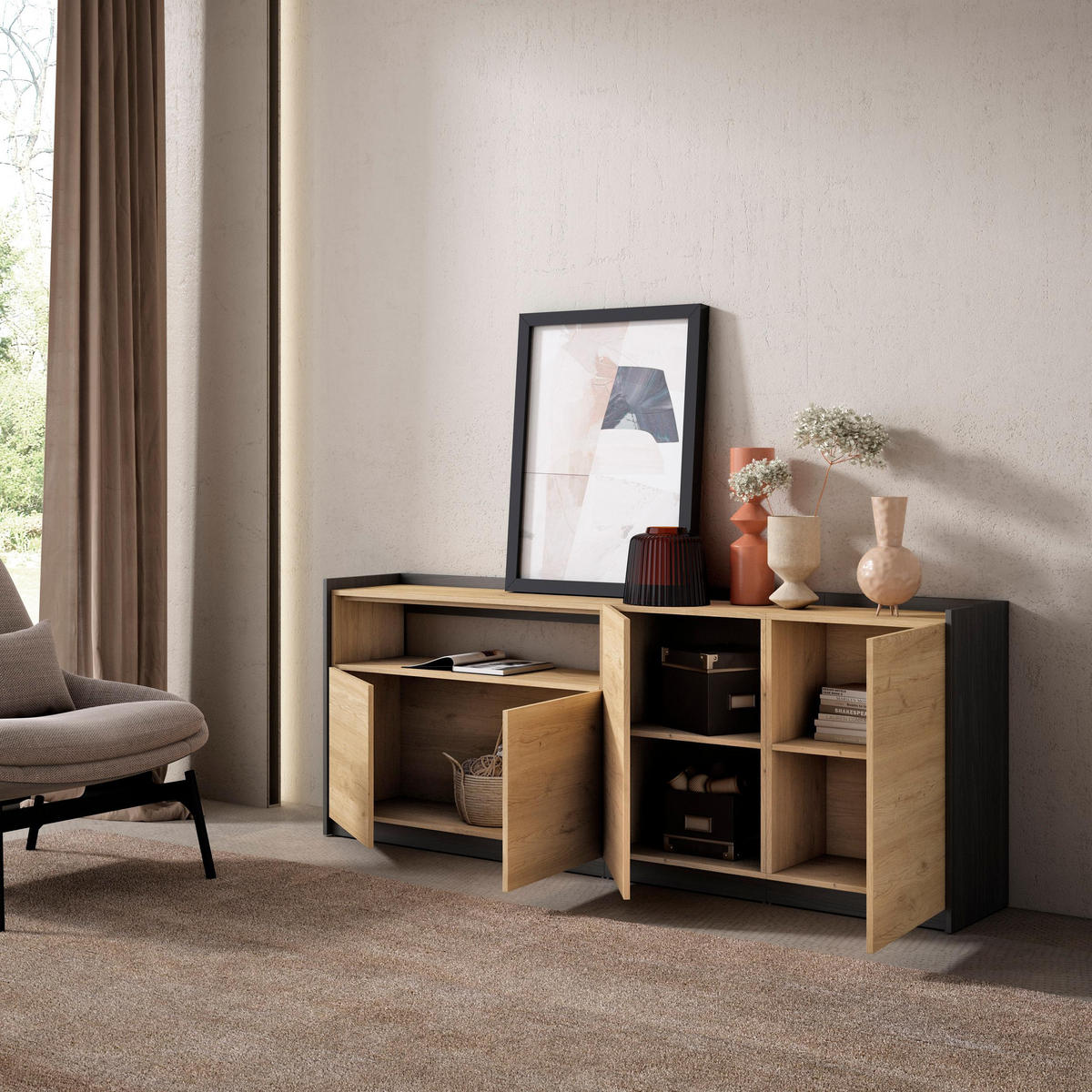 SIDEBOARD, Highboard, Eiche Schwarz, 207/37/80cm - Eichefarben, Holzwerkstoff (207/80/37cm) - Skraut Home