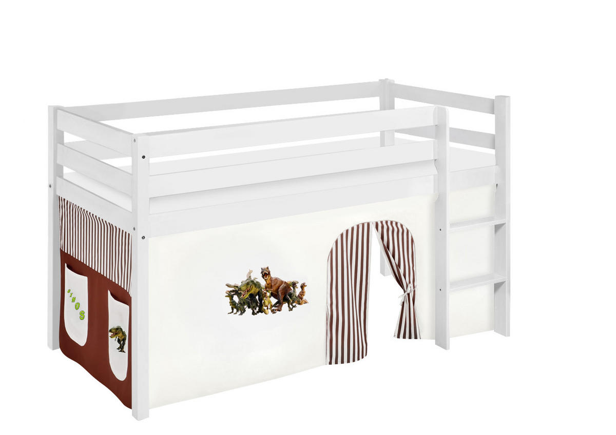 HOCHBETT Jelle mit DINOS Vorhang - Kinderbett - Weiß, Holz - Lilokids