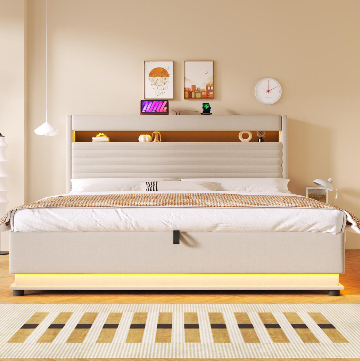 POLSTERBETT 180/200 cm Beige mit LED-Beleuchtung, USB- und Typ-C-Anschluss, hydraulischem Stauraum und Kopfteilfach - Beige, Textil (180/200cm) - OKMYHOME