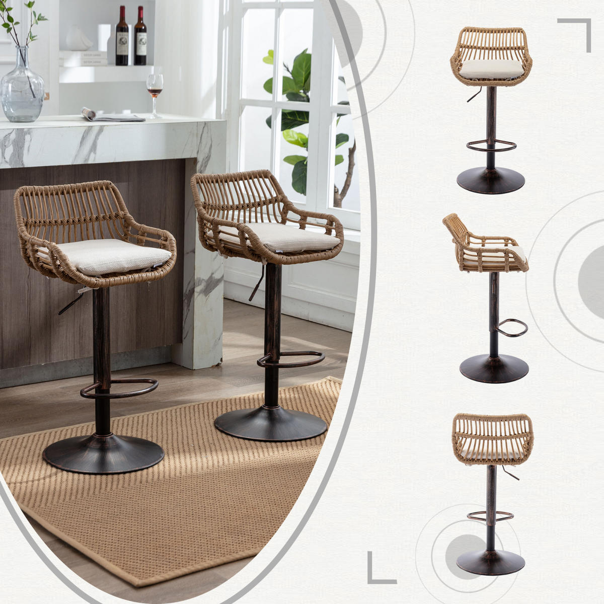 BARHOCKER 2er Set Höhenverstellbar, 360° drehbar, Fußstütze, Rattan - Weiß, Metall (49/109/48cm) - PARAFTA HOME