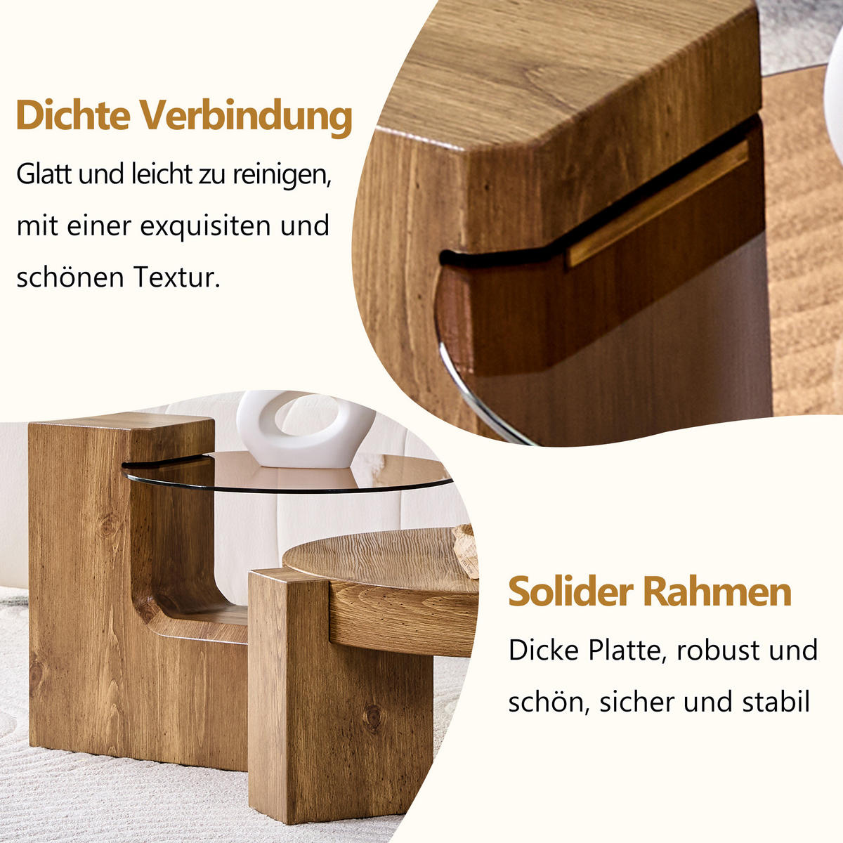 COUCHTISCH in Naturfarbe 2er-Set Couchtisch-Kombination mit Glasplatte für Wohnzimmer, B44/T62/H44 cm, Ø61/H30 cm - Naturfarben, Glas/Holzwerkstoff (61/61/30cm) - STILVORA
