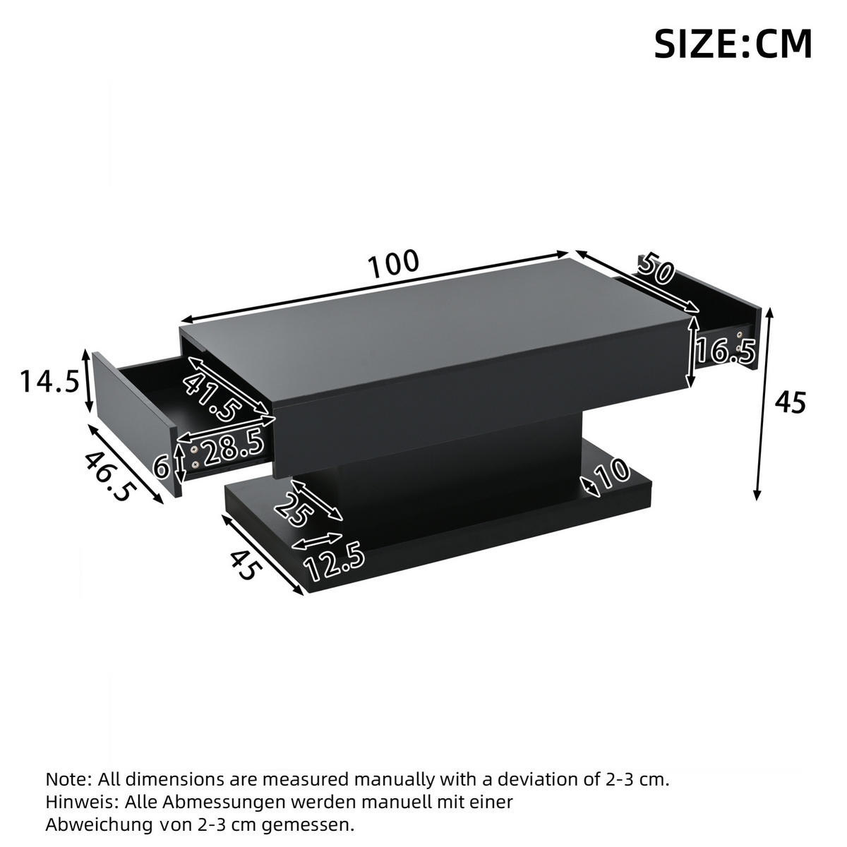 KONFERENČNÍ stolek 100/50/45 cm černý z dřevotřísky s LED osvětlením a 2 zásuvkami - černá, kompozitní dřevo (100/50/45cm) - OKWISH