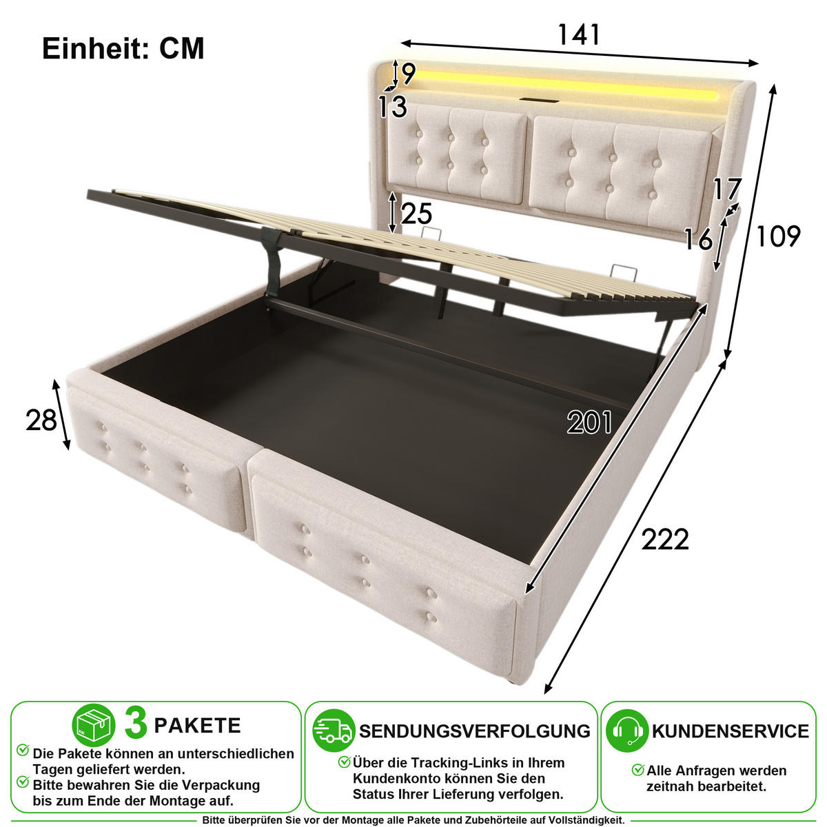 POLSTERBETT 140/200 cm in Beige Stoff mit Bettkasten, LED, USB und Matratze - Beige, Holzwerkstoff/Textil (140/200cm) - CHICFURN