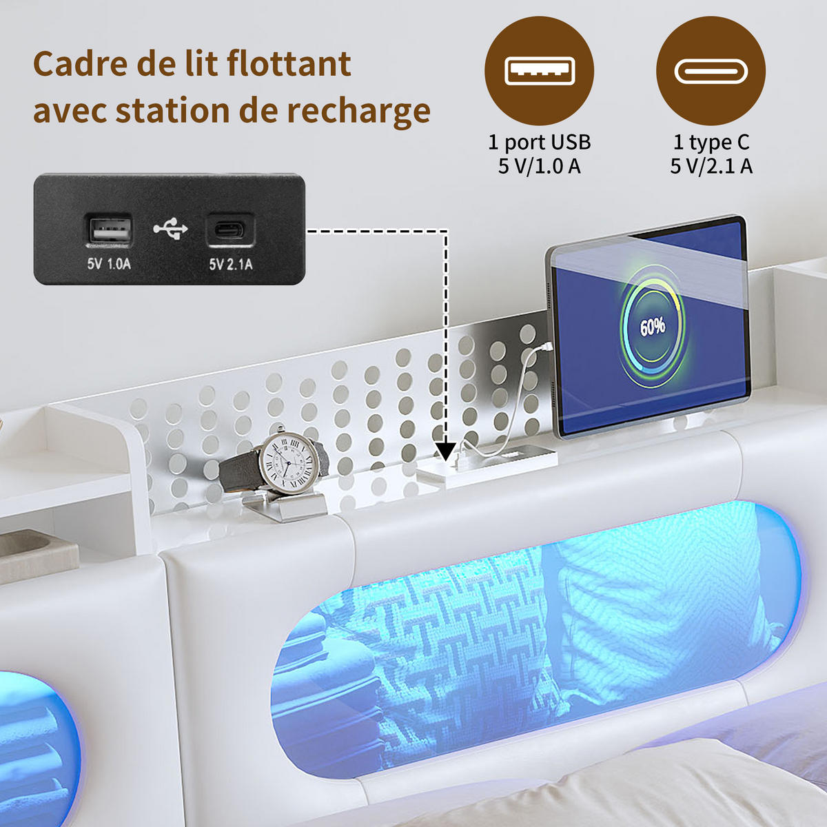 POLSTERBETT 160x200 cm LED USB Lattenrost Stauraum PU weiß - Weiß, Holz (160/200cm) - LEBENLANG