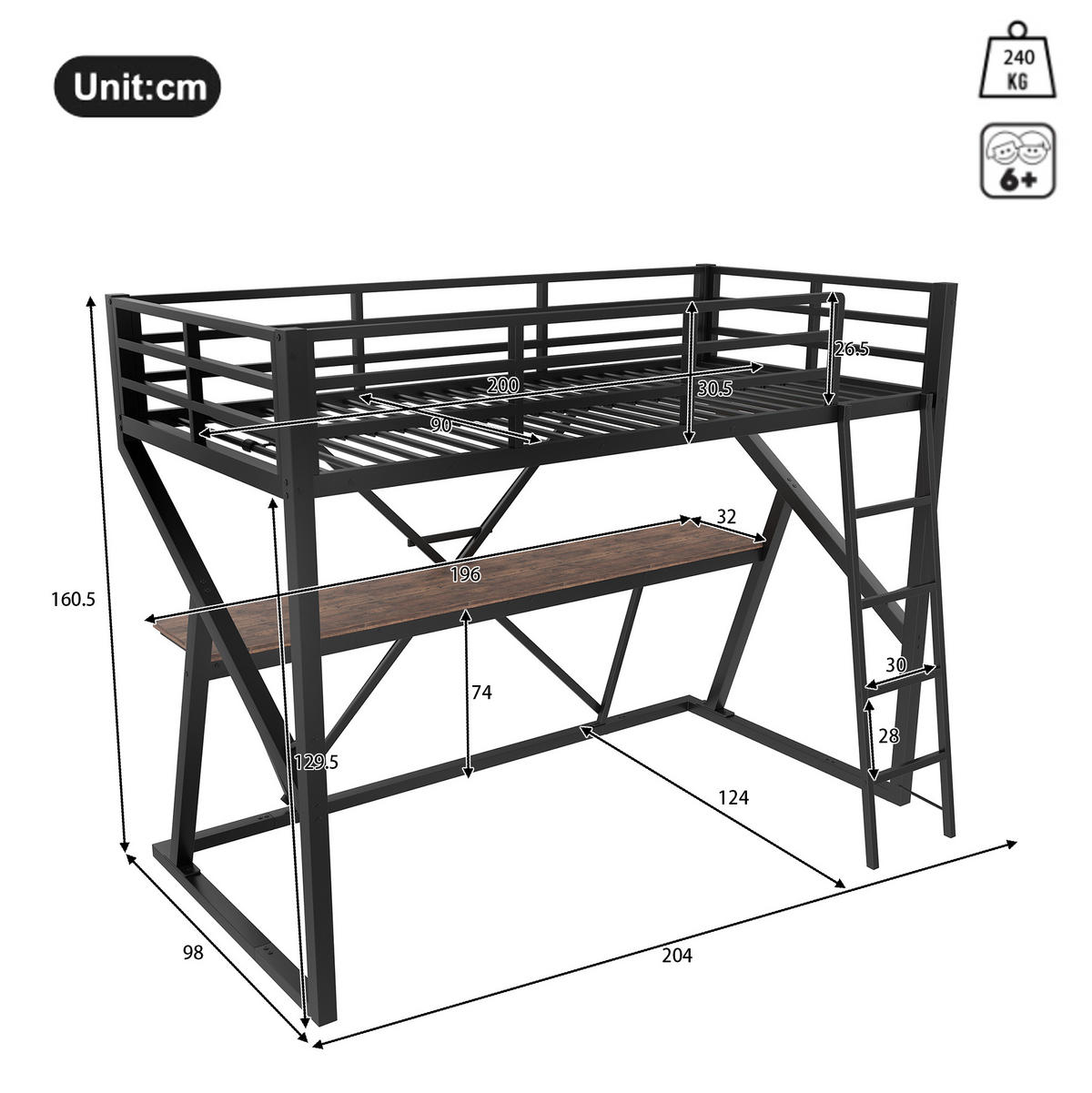HOCHBETT 90/200 cm aus Metall mit Schreibtisch und LED-Leiste Schwarz - Schwarz, Metall (90/200cm) - Modenvie