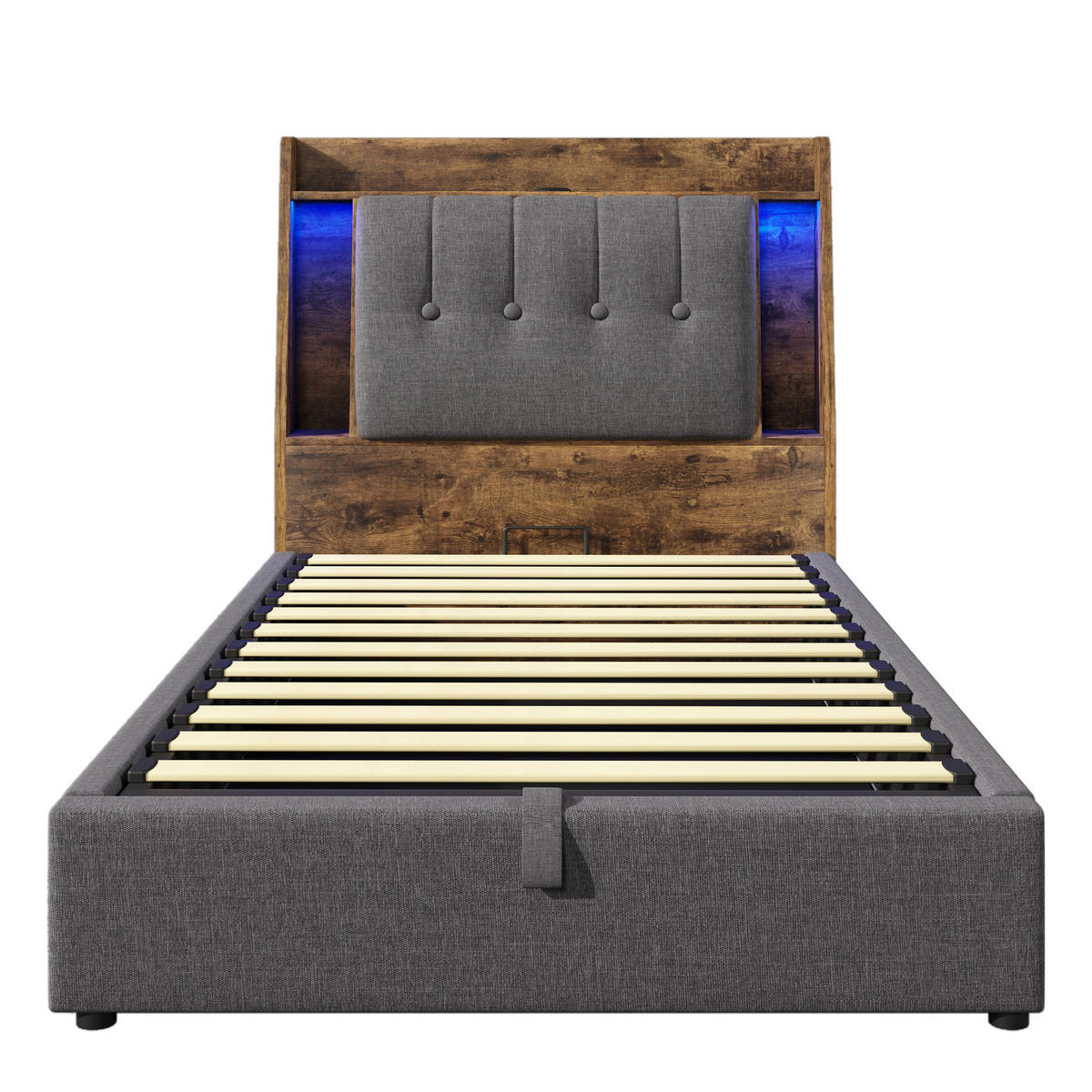 POLSTERBETT 90/200 cm mit USB- und Typ-C-Anschluss, LED-Beleuchtung und Stauraum-Kopfteil, Grau - Grau, Textil (90/200cm) - Redom