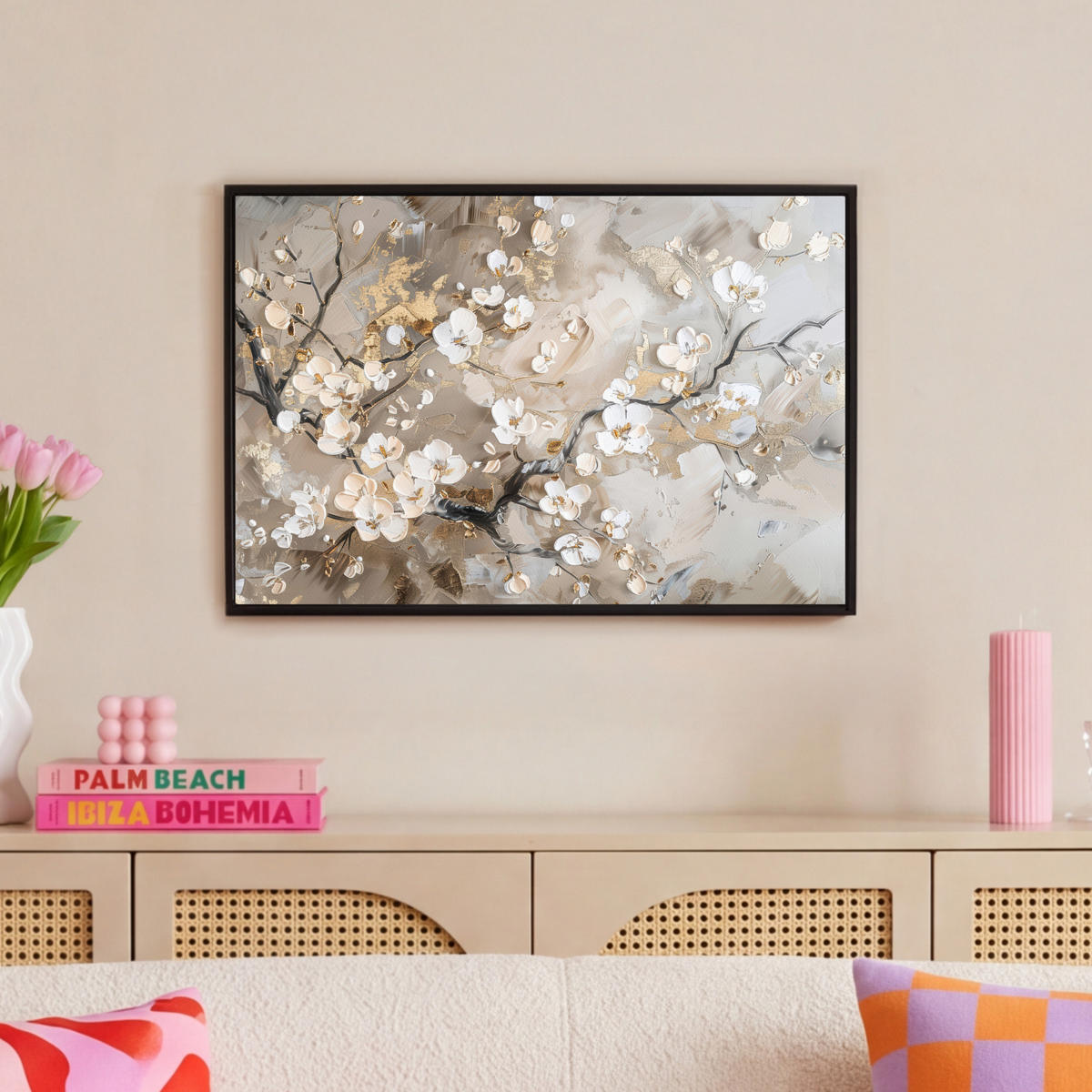 LEINWAND Bilder mit Rahmen - Blumen - Weiß - Gold - Beige - Luxus - 60x40 - Greige, Textil (60/40cm) - MuchoWow