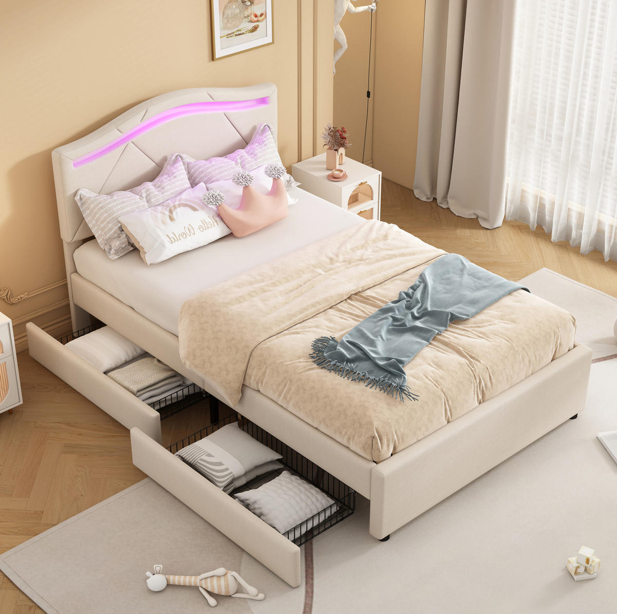 POLSTERBETT aus Leinen 90x200 cm in Beige mit LED-Beleuchtung & 2 Schubladen - Beige, Textil (90/200cm) - Modfu