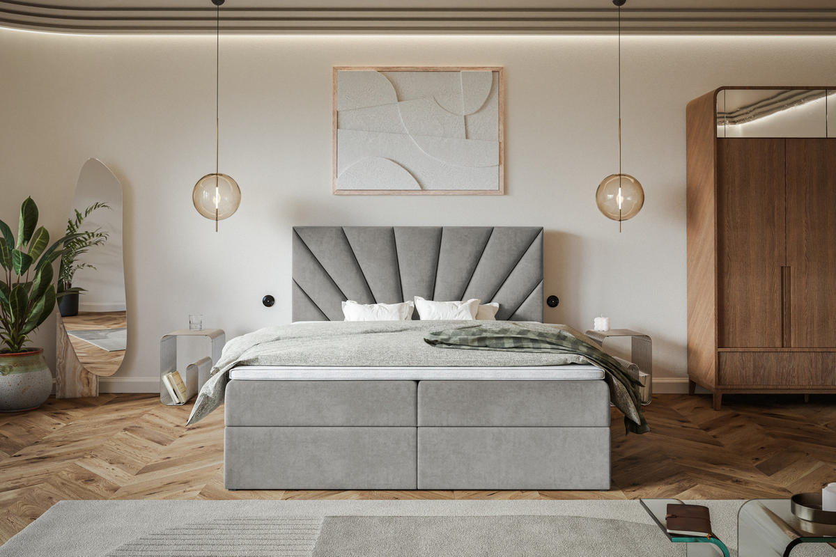 BOXBETT DENVER mit 2 Bettkästen, 180x200, Farbe: Grau, Velourstoff, Doppelbett mit Bonell-Matratze - Grau, Holz/Kunststoff (180/200cm) - Alpi-Möbel