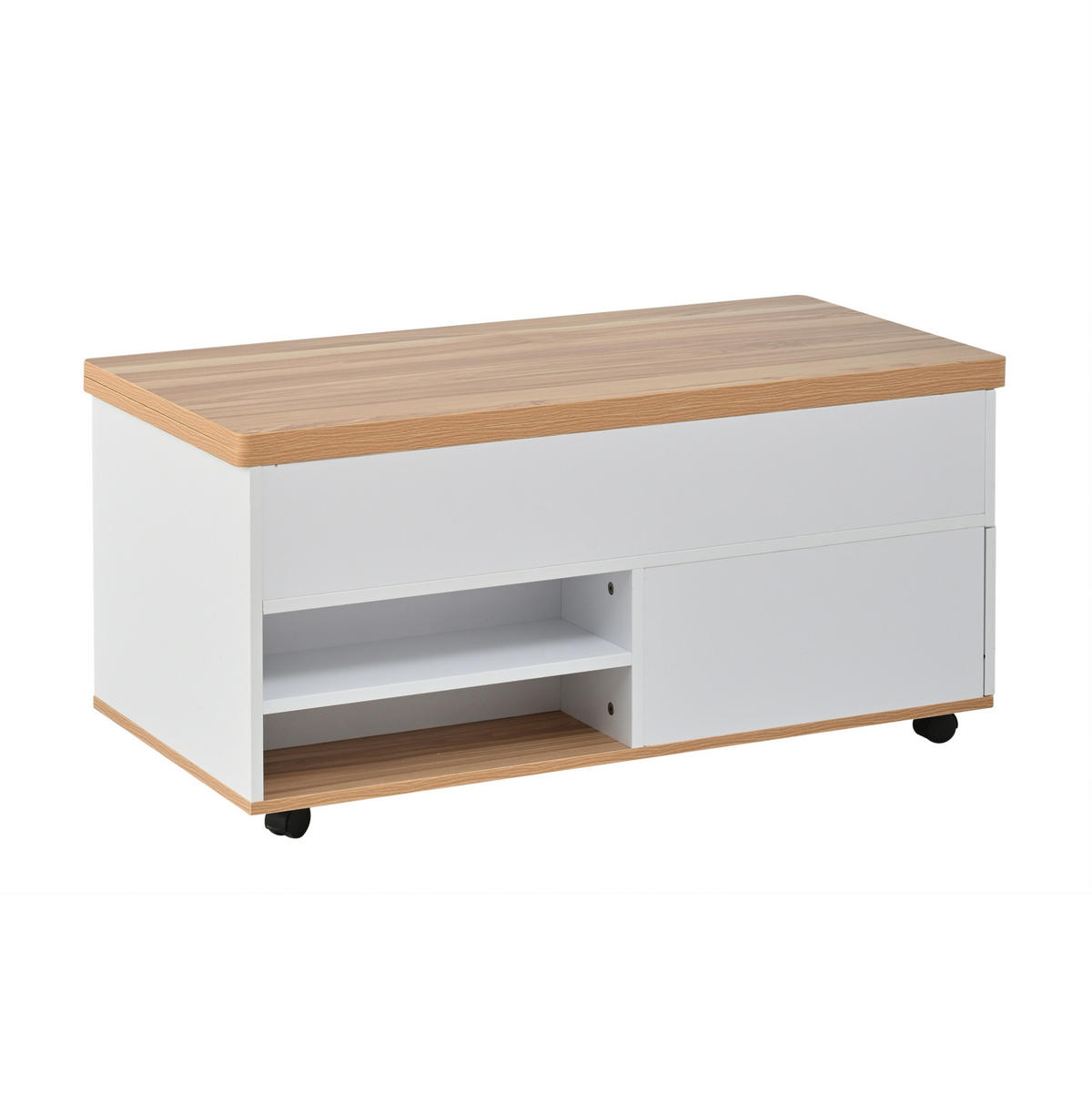 COUCHTISCH aus Spanplatte 100x98x65 cm Weiß/Naturholz mit hydraulischer Höhenverstellung und Stauraum - Weiß, Holzwerkstoff (100/98/65cm) - IVMEU