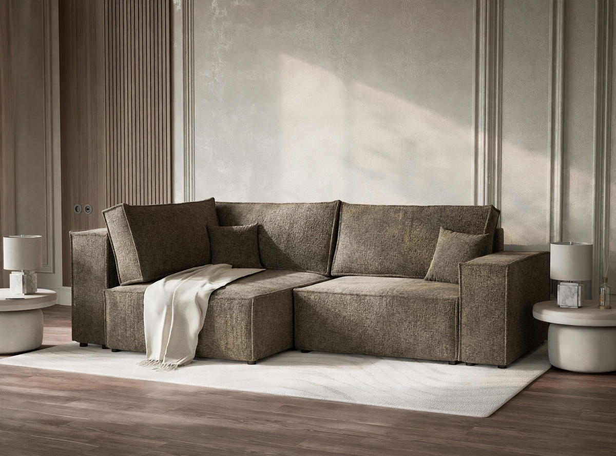 ECKSOFA MIT SCHLAFFUNKTION Tonga Taupe Chenille-Stoff - Schwarz/Braun, Holz/Holzwerkstoff (105/225cm) - Maison de Reve