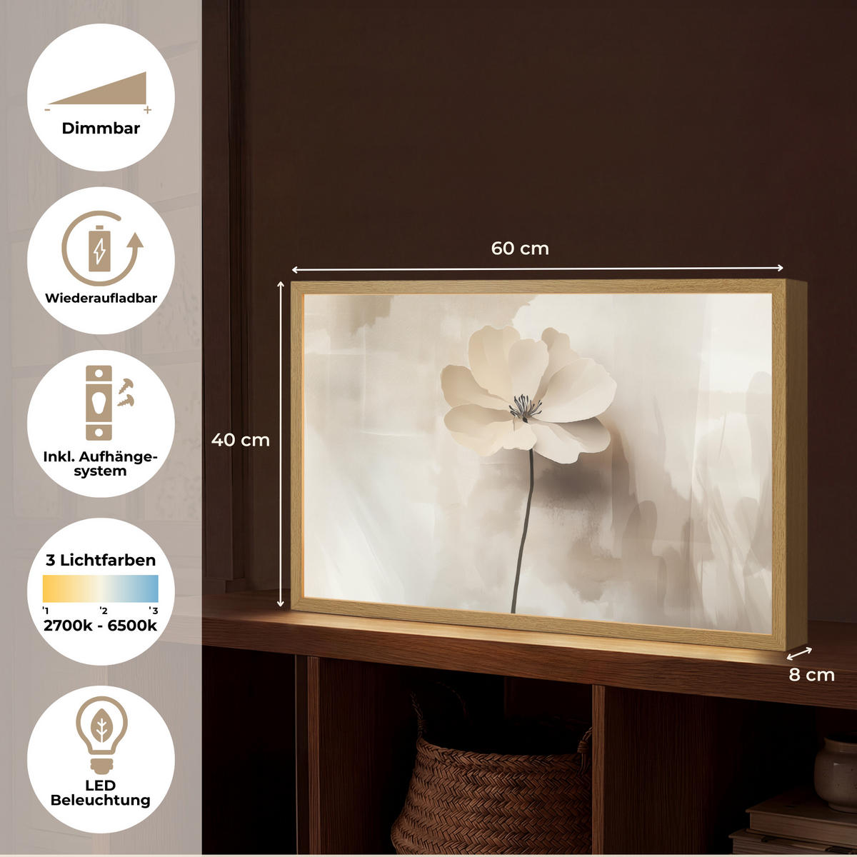 NÁSTĚNNÁ LAMPA S AKUMULÁTOREM Květina - béžová - barva - stín 60x40 cm - béžová, kompozitní dřevo (60/40/8cm) - OnlyWow