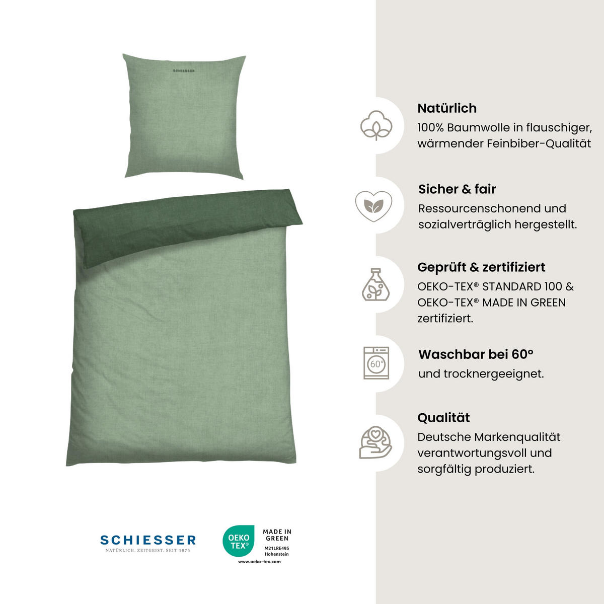 BETTWÄSCHESET Doubleface - Feinbiber - 2-teilig - 155 x 220 cm - Grün - Grün, Textil (155/220cm) - SCHIESSER
