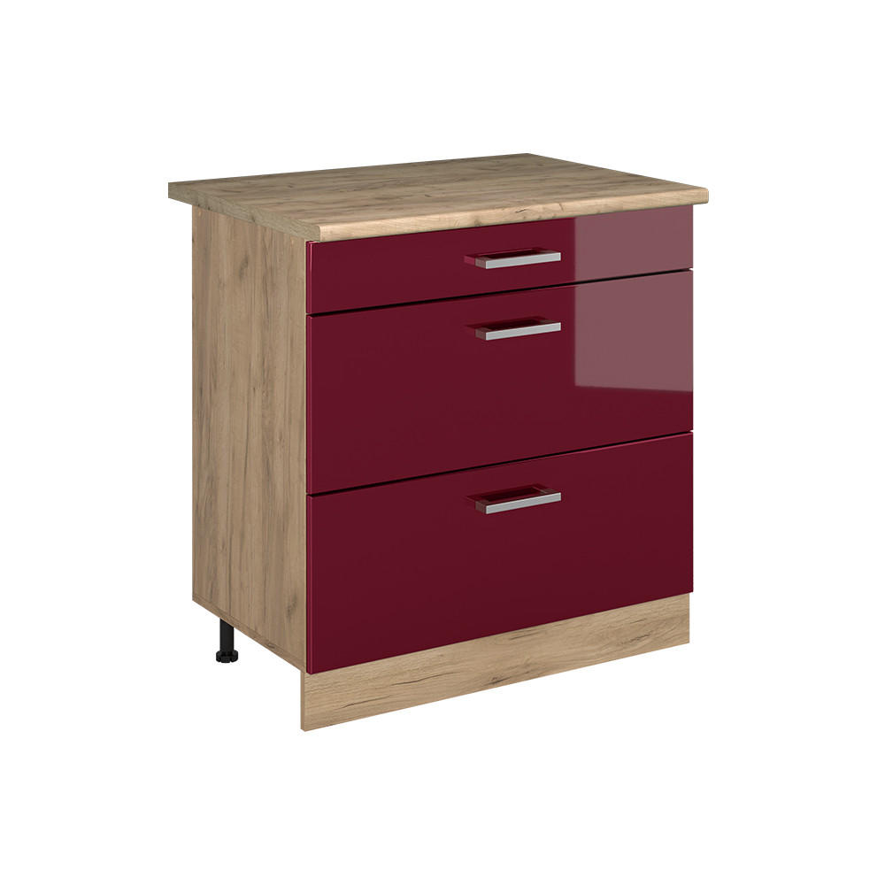 KÜCHENUNTERSCHRANK R-Line, Rot Hochglanz/Goldkraft Eiche, 80 cm mit 3 Schubladen Arbeitsplatte Goldkraft Eiche - Eichefarben/Rot, Holzwerkstoff (80/81.6/60cm) - Vicco