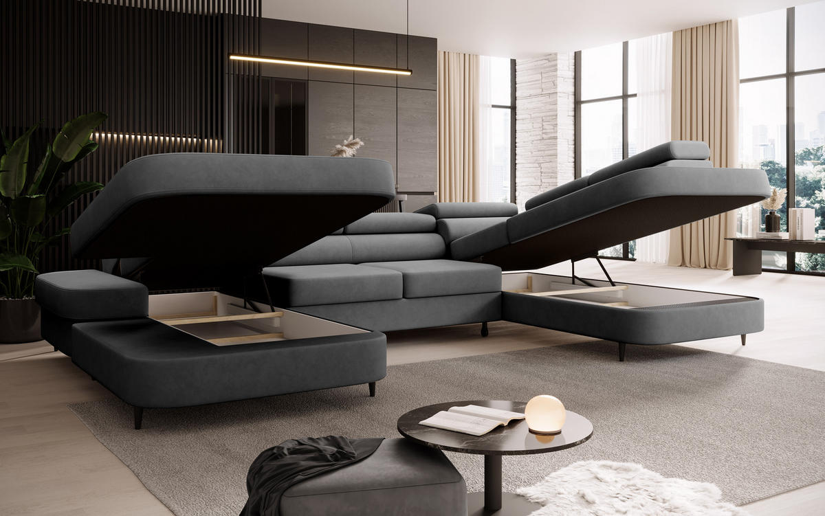 ECKSOFA U-Form PRIAM U Links mit Schlaffunktion 126x270 Velours Grau - Schwarz/Grau, Holz/Textil (350/91/203cm) - Muffo