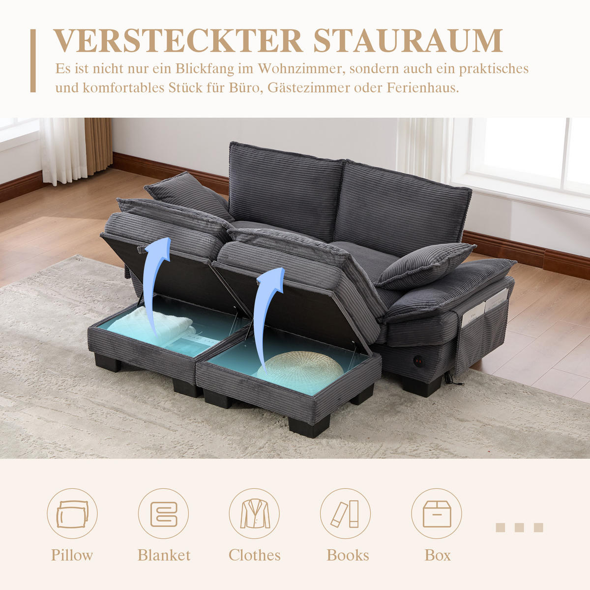 2-SITZER SOFA Cord Dunkelgrau mit 2 Hocker, USB-C und Seitentaschen - Dunkelgrau, Holzwerkstoff/Kunststoff (190/84/132cm) - WISHDOR