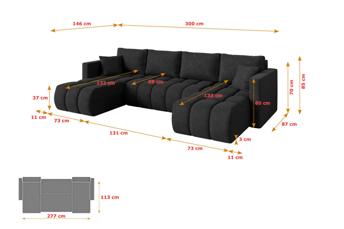 SEDACÍ SOUPRAVA DO U s funkcí spaní a úložným prostorem GARD-U 300x146x85 černá velur - černá, kompozitní dřevo/textil (300/85/146cm) - ALTDECOR