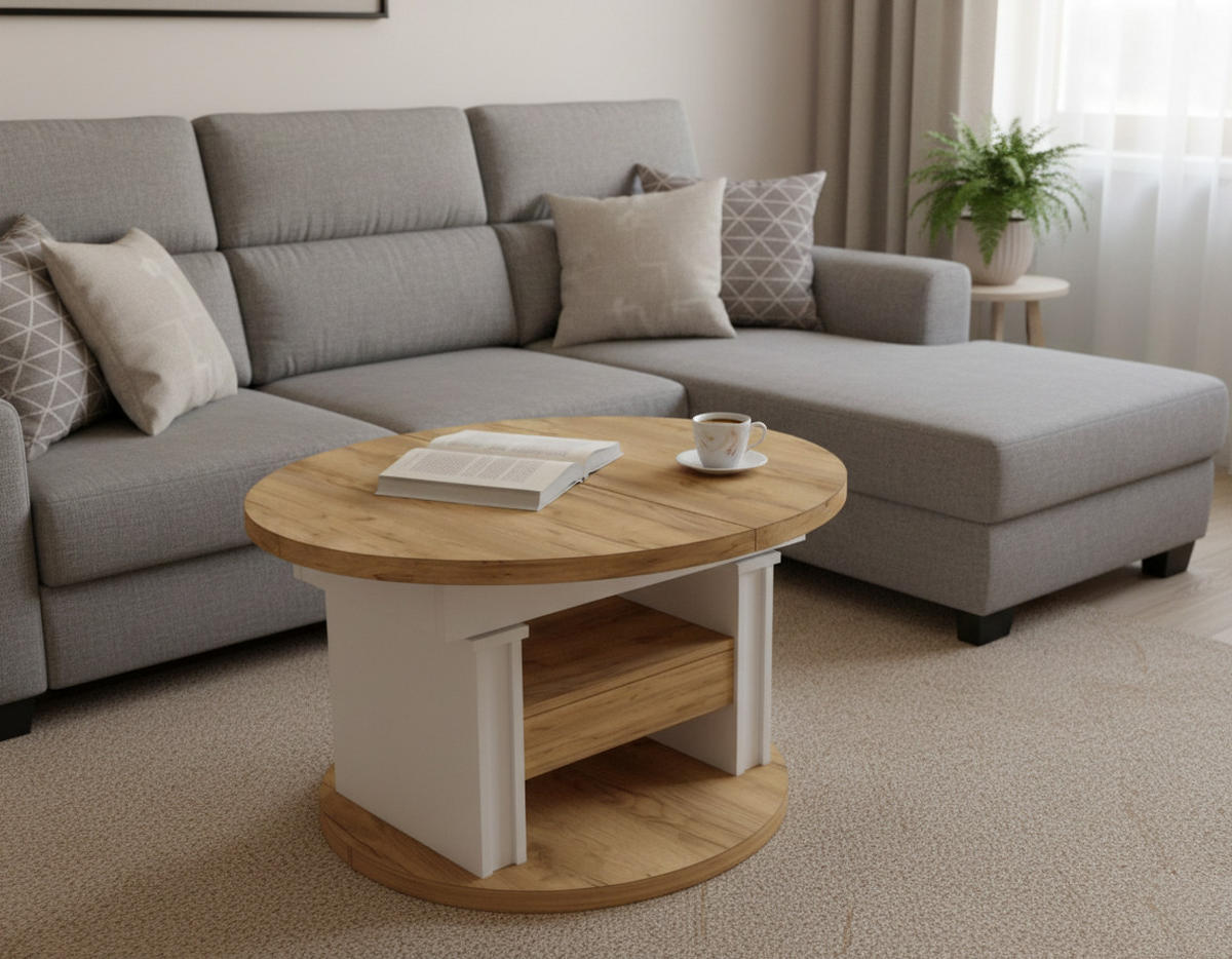 COUCHTISCH rund ausziehbar höhenverstellbar Schubalde 100/100/60 cm - Eichefarben/Weiß, Holzwerkstoff (100/100/60cm) - designimpex