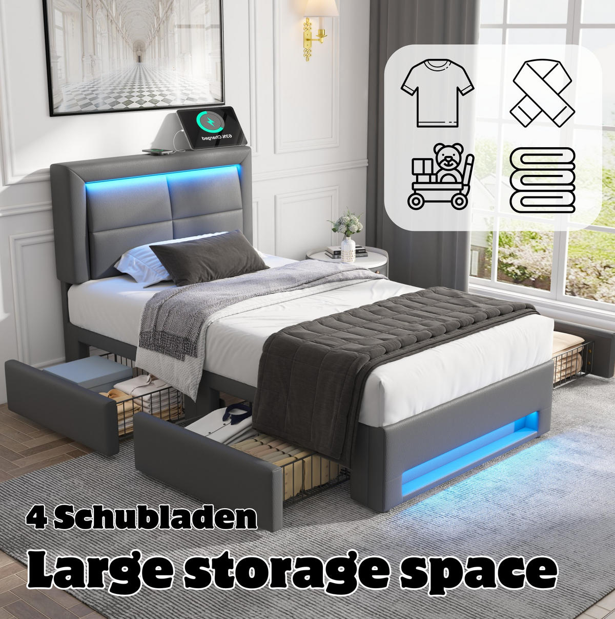 POLSTERBETT 90/190 cm Grau mit USB-Anschluss und LED-Beleuchtung - Grau, Kunststoff (90/200cm) - OKWISH