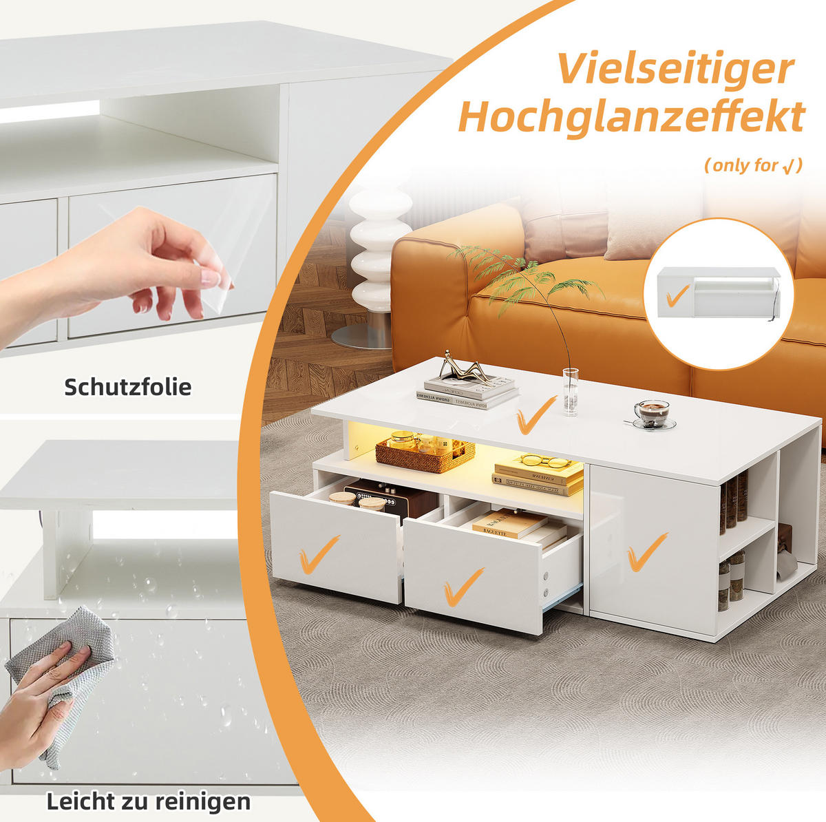 COUCHTISCH aus Spanplatte 100x50x35 cm Weiß mit LED-Beleuchtung und Stauraum - Weiß, Holzwerkstoff (100/50/35cm) - IVMEU