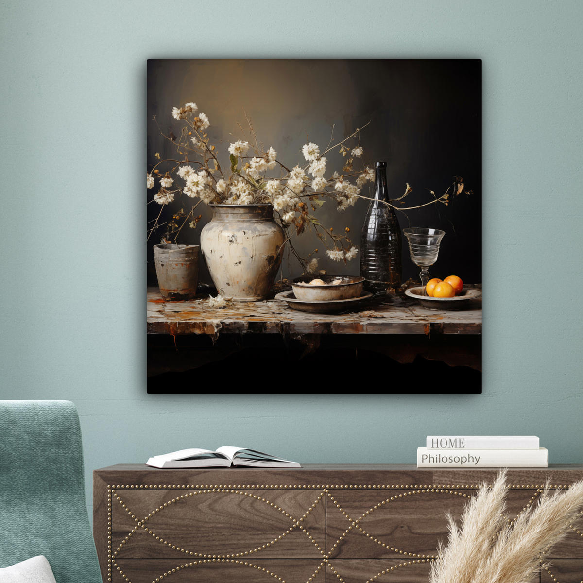 LEINWANDBILD Stilleben - Blumen - Blumenstrauß - Vase - Wein 90x90 cm - Schwarz, Textil (90/90cm) - MuchoWow