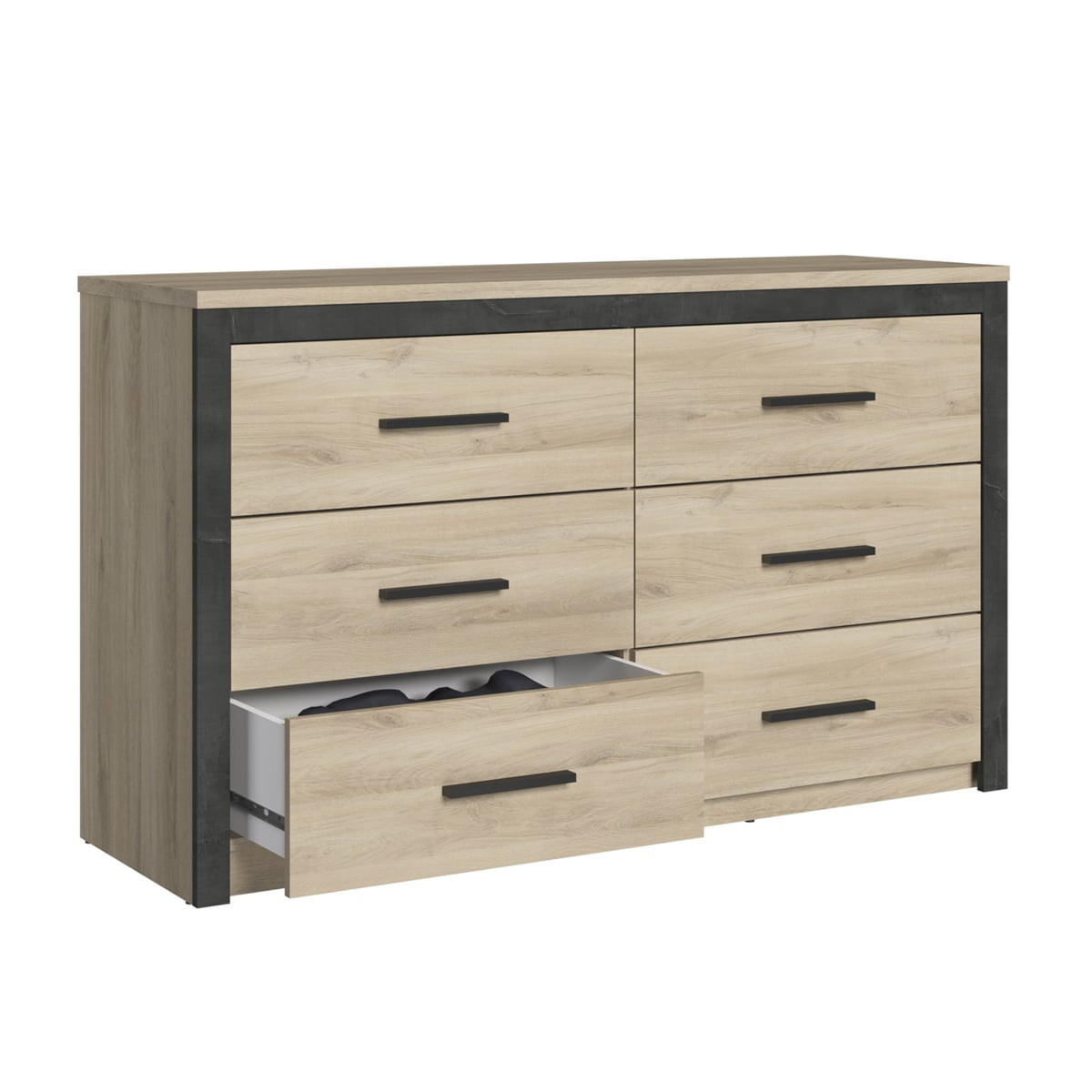 KOMMODE mit 6 Schubladen, Eiche und Schwarz Dekor L129 cm - Colorado - Eichefarben, Holzwerkstoff (41.8/77.1/41.3cm) - Calicosy