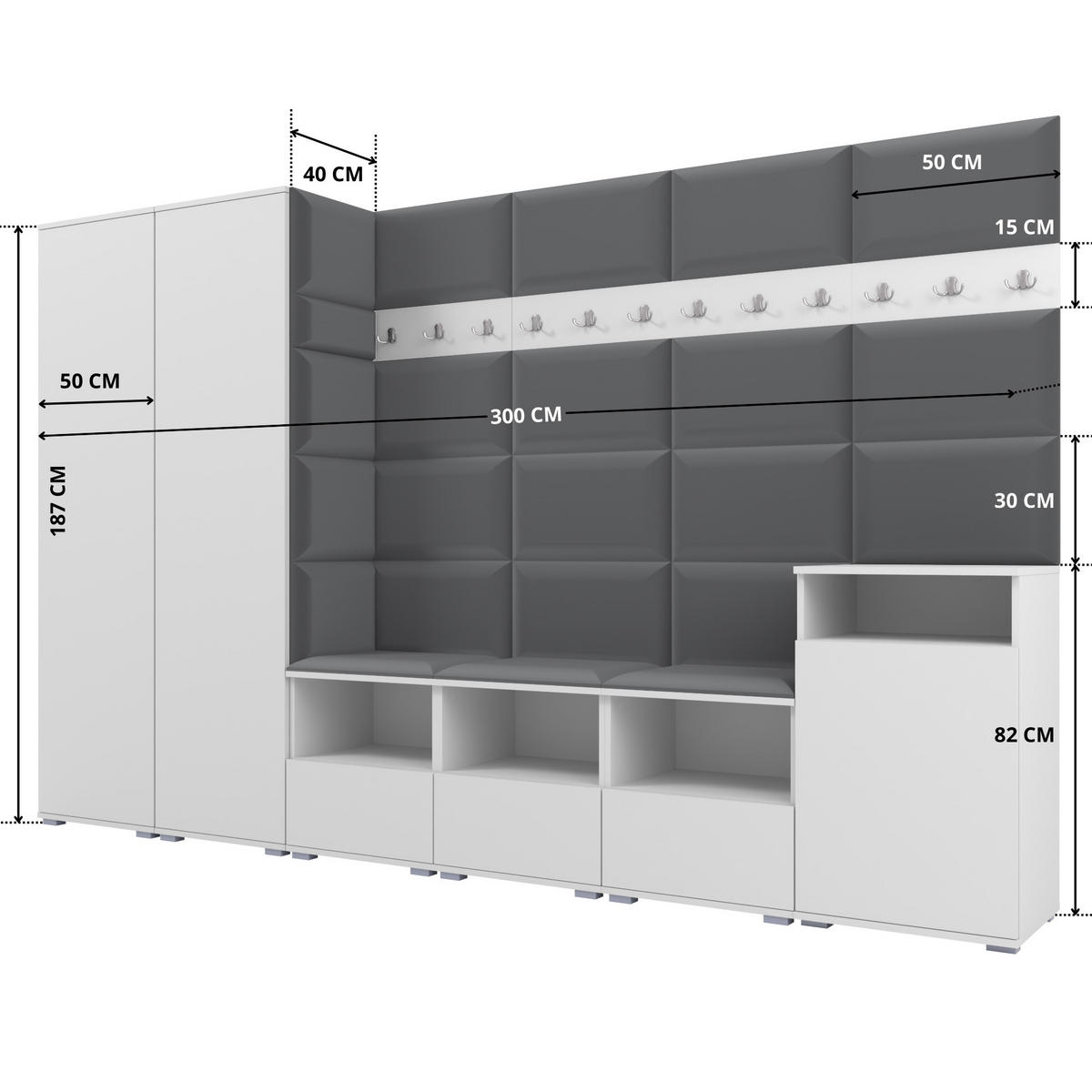 GARDEROBE NELA XII 300 cm (Modulare Flurmöbel Weiß mit Sitzpolster Dunkelgrau 15 Gigantisches Set) - Dunkelgrau/Silberfarben, Holz/Holzwerkstoff (300/187/40cm) - Ravio