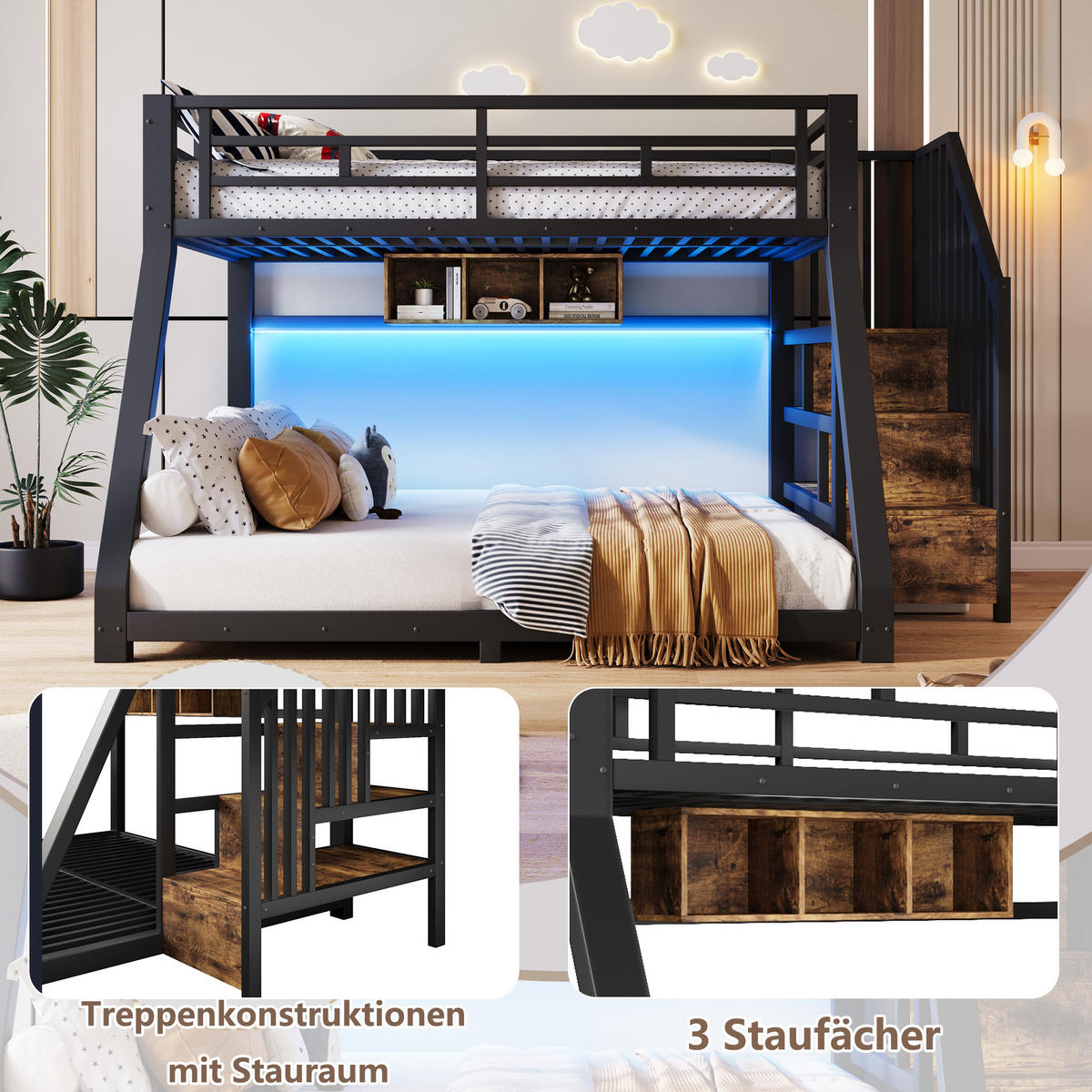 ETAGENBETT 90/200 cm & 140/200 cm in Schwarz mit LED und 3 Staufächern - Schwarz, Holzwerkstoff/Metall (90/200cm) - WISHDOR