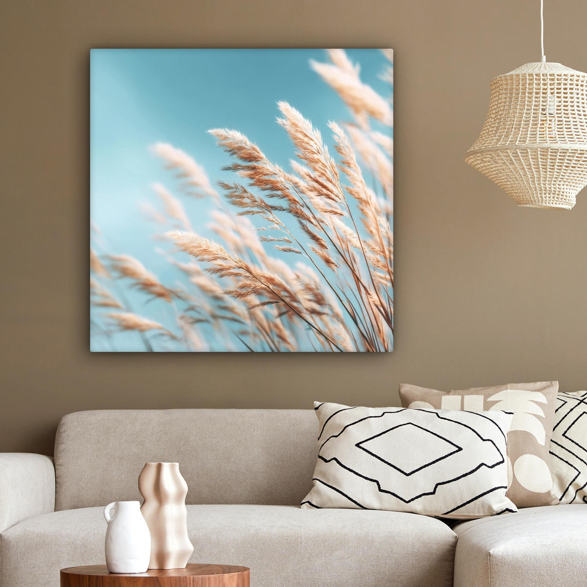 LEINWANDBILD Ziergras - Wind - Hellbraun Deko Groß 90x90 cm - Hellblau, Textil (90/90cm) - MuchoWow