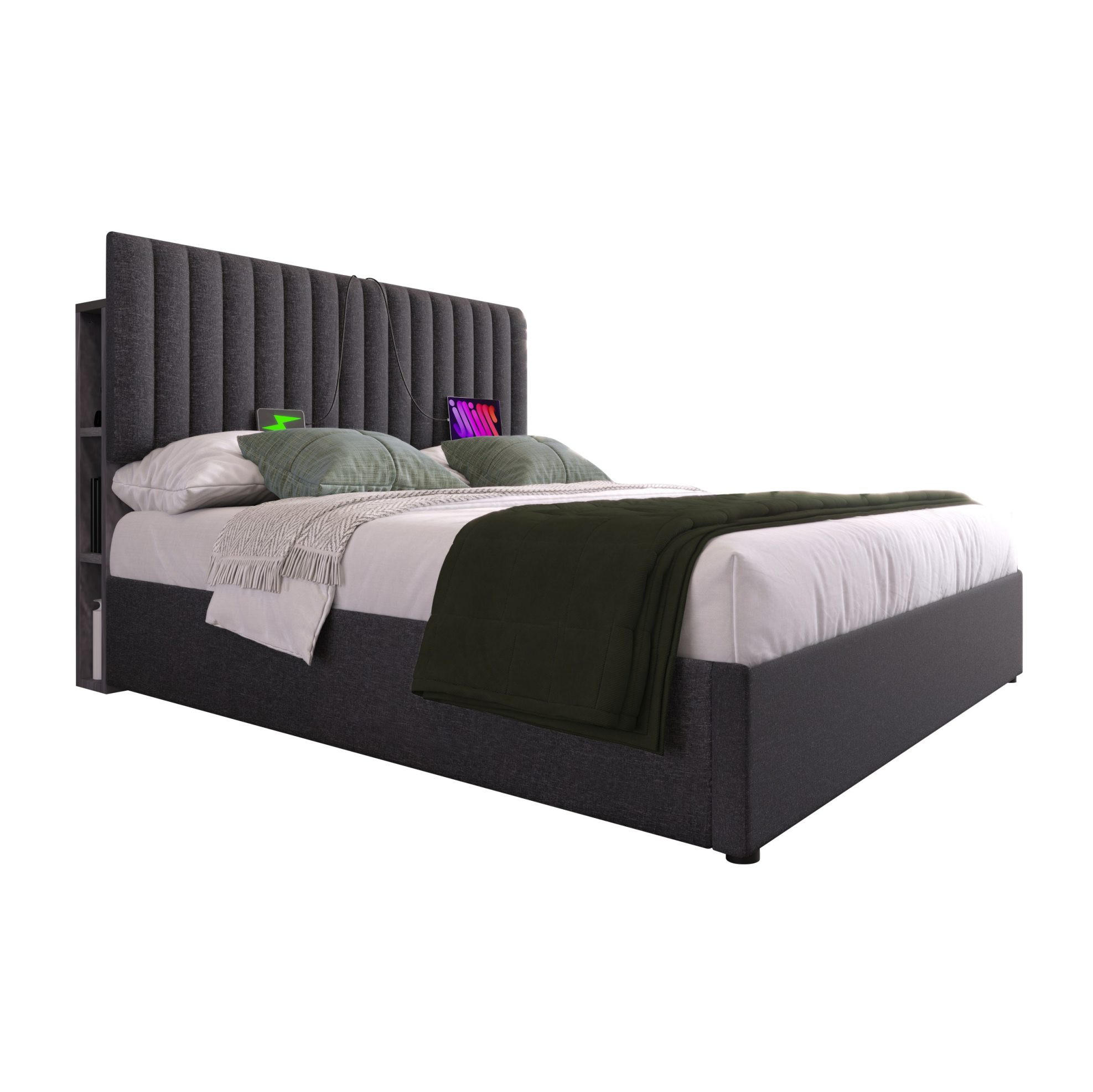 POLSTERBETT 160/200 cm Grau mit LED-Beleuchtung, Stauraum und USB- und Type-C-Anschlüssen - Grau, Textil (160/200cm) - Flora Grace