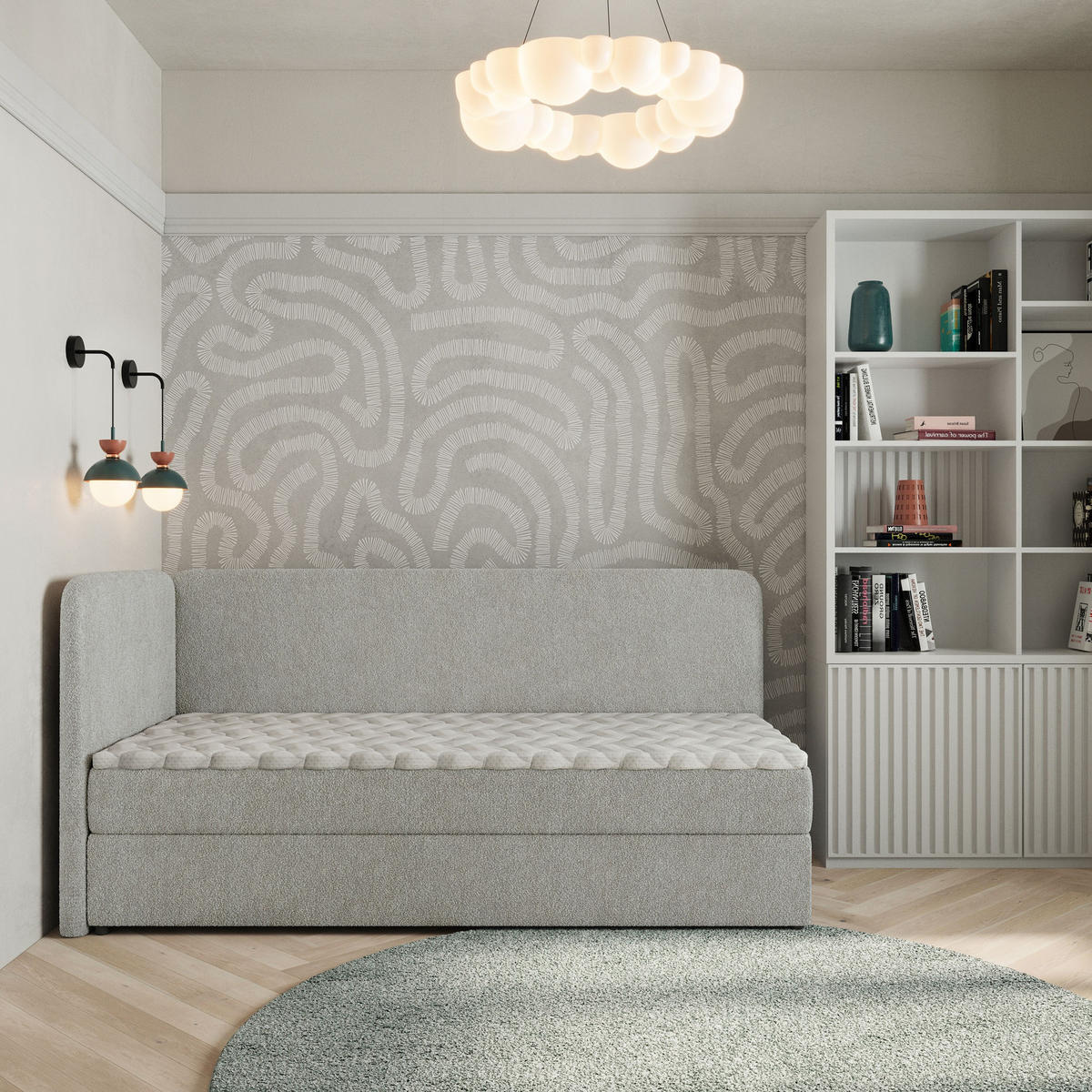 BOXBETT GINA 100x200 cm mit Matratze und Topper, H2+H3 - Hellgrau - Hellgrau, Holz (100/200cm) - MASSENO