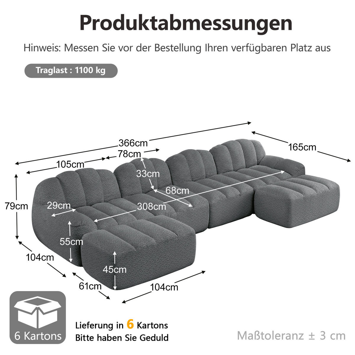 WOHNLANDSCHAFT DE-34312 4-Sitzer mit 2 Ottomans Grau - Grau, Textil (165/79/366cm) - ComfortXL