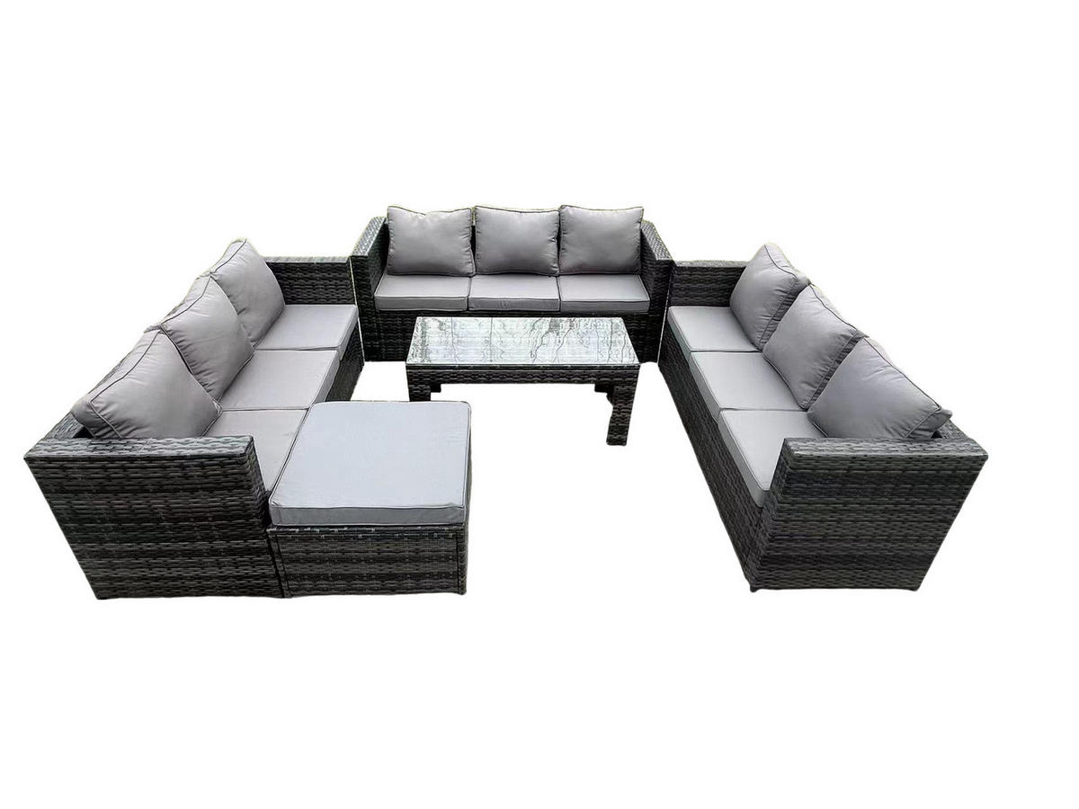 GARTEN SOFA SET Polyrattan 10-Sitzer - Dunkelgrau/Grau, Glas/Kunststoff - Fimous