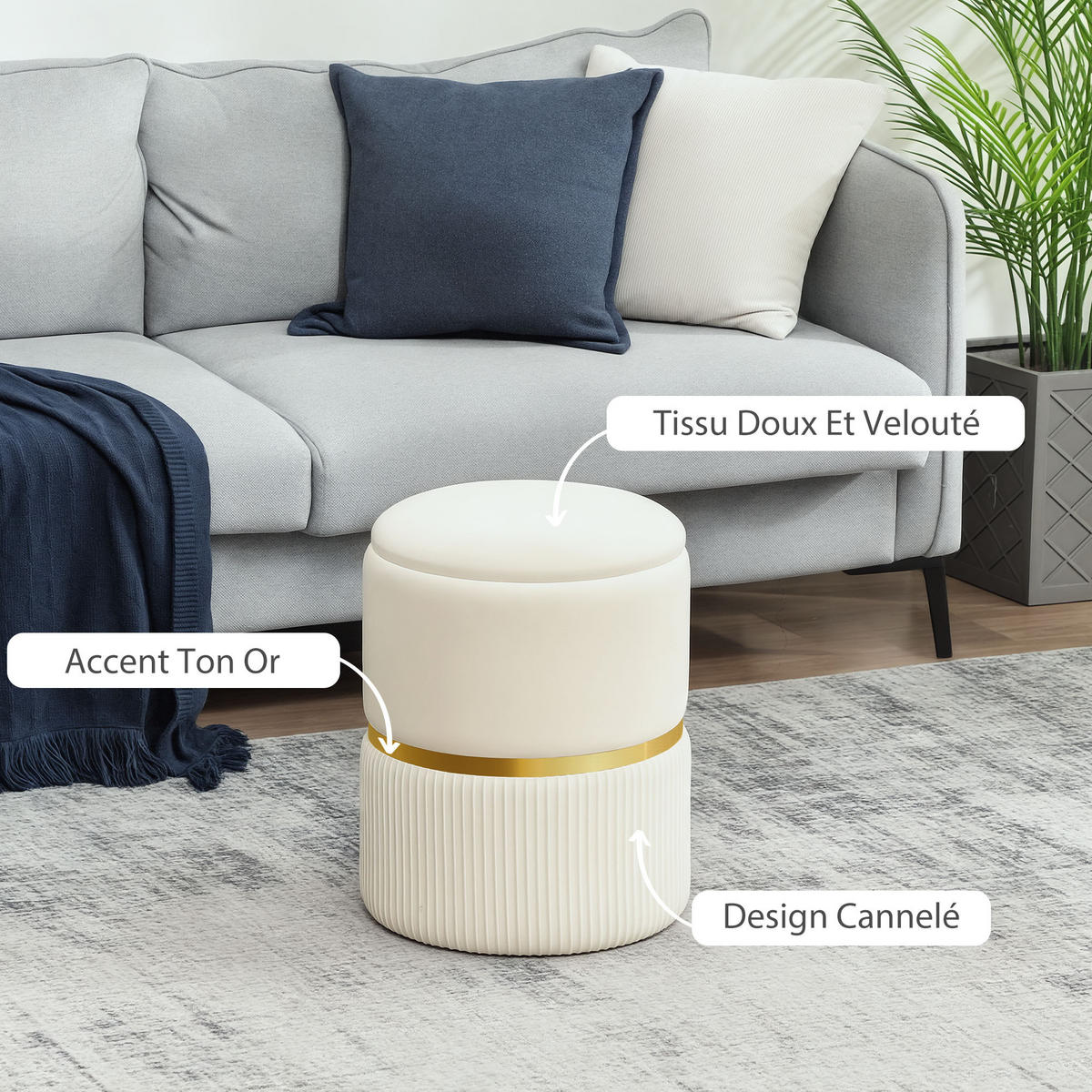 POUF DE-16435 mit Stauraum und Rippenvelours Beige - Beige, Textil (36/44/36cm) - ComfortXL