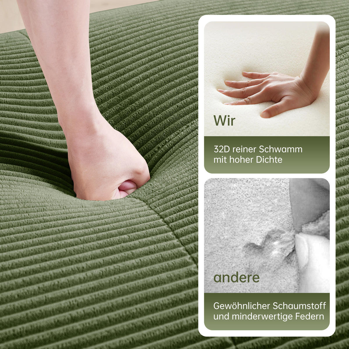 SOFA 388/103/70 cm in Grün aus Cord mit rahmenlosem Design - Grün, Textil (103/70/388cm) - Flora Grace