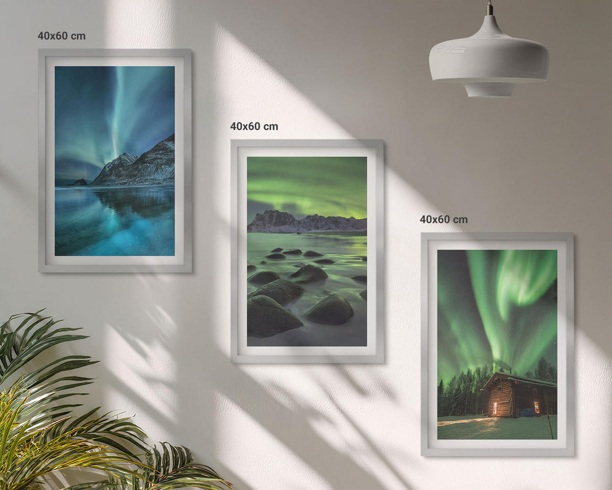 WANDBILDER 3er Set - 40x60 cm Silberner Rahmen - Winterlandschaften, Nordlichter, Berge - Silberfarben, Kunststoff (40/60cm) - ArtPrintCave