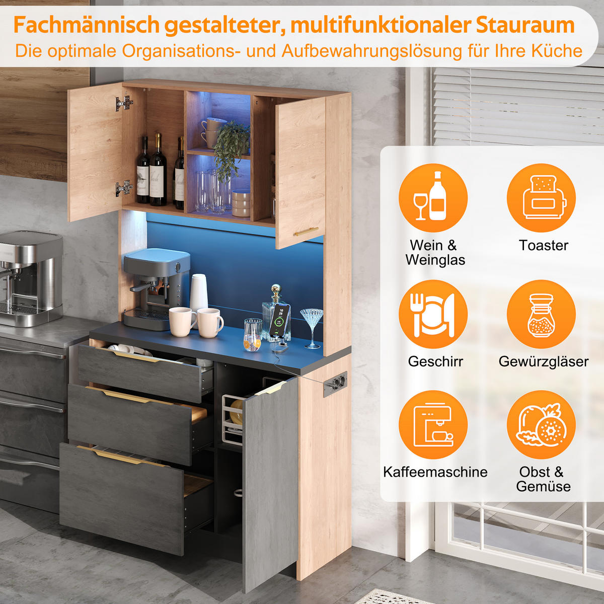 KÜCHENBUFFET in Naturfarbe mit LED-Beleuchtung für Küchen und Wohnzimmer, B100/T40/H180 cm - Schwarz/Naturfarben, Holzwerkstoff (100/180/40cm) - STILVORA