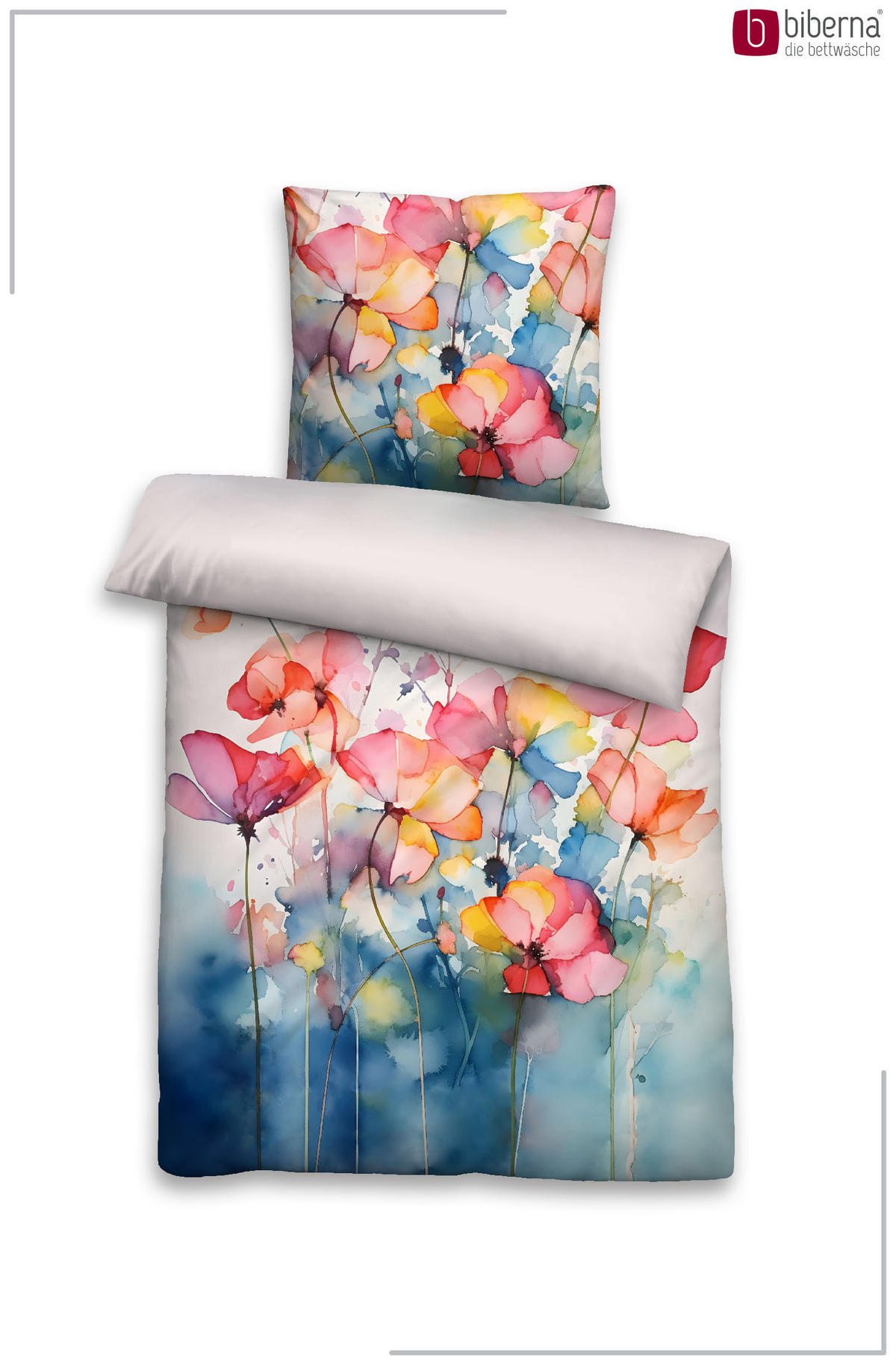 BETTWÄSCHE-GARNITUR Tencel Aquarell Blumen taubenblau, 135x200 cm + 80x80 cm - Blaugrau, Textil (135/200cm) - biberna