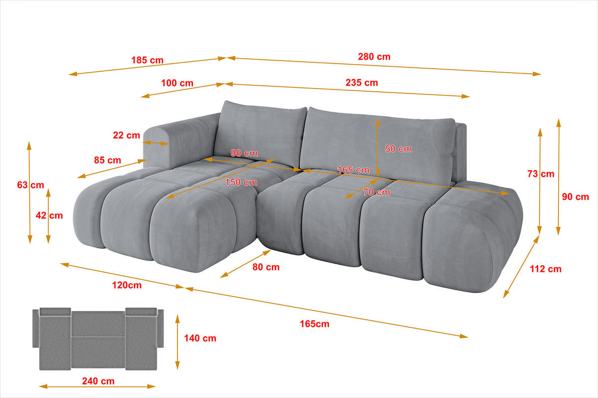 ECKSOFA Ottomane Links CLOUD-L 280x185x90 Hellgrau Velours - Hellgrau, Holzwerkstoff/Kunststoff (180/289cm) - ALTDECOR