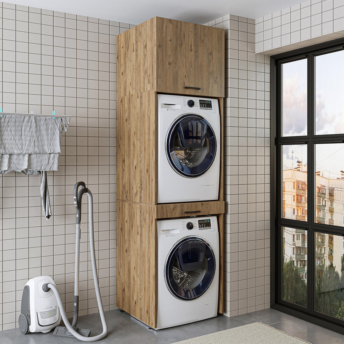 WASCHMASCHINENSCHRANK DUO-I 67cm Breit, 240cm Hoch - Eichefarben, Holzwerkstoff (67/240/67cm)