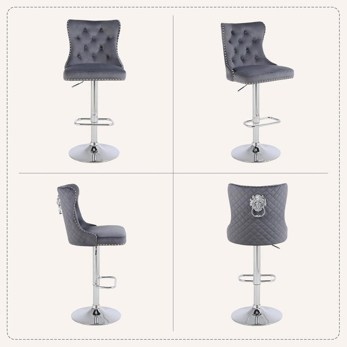 BARHOCKER 2er Set Samt Dunkelgrau Höhenverstellbar mit Lehne und Löwenring-Zuggriff - Grau, Textil (40/118/46cm)