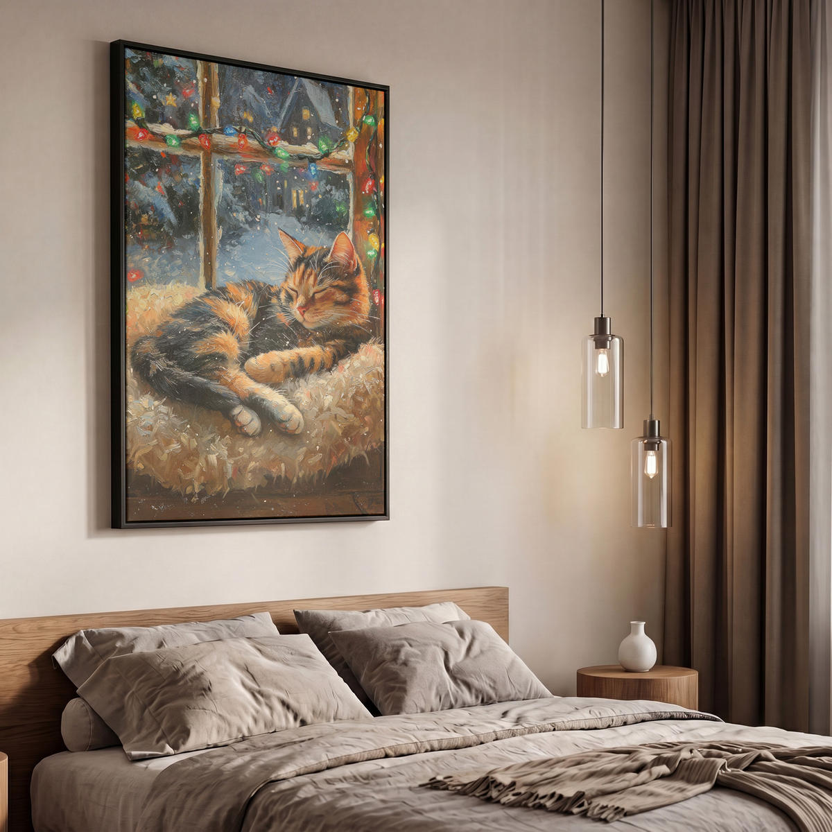 LEINWAND Bilder mit Rahmen - Katze - Weihnachten - Winter - Tier - 60x90 - Bernsteinfarben, Textil (60/90cm) - MuchoWow