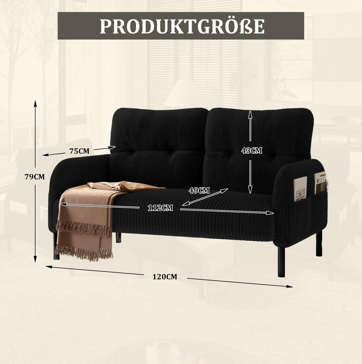 SOFA 2-Sitzer 120 x 75 x 79 cm Cord Black mit Seitentasche - Schwarz, Kunststoff (120/79/75cm) - Meubliv