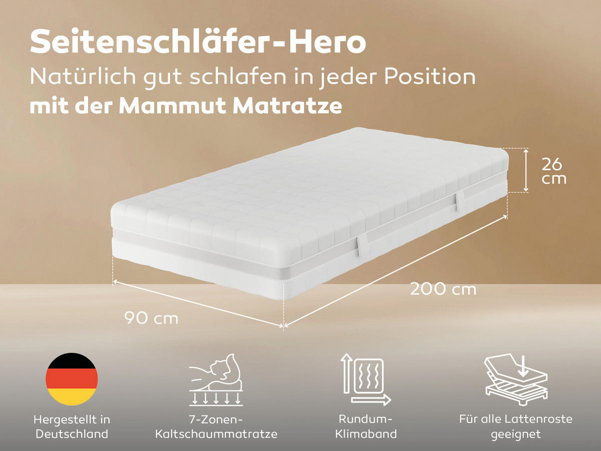 KALTSCHAUMMATRATZE Mammut, ideal für Seitenschläfer, Größe: 90x200, Härtegrad: H2 - Weiß, Textil (90/200cm) - Betten-ABC