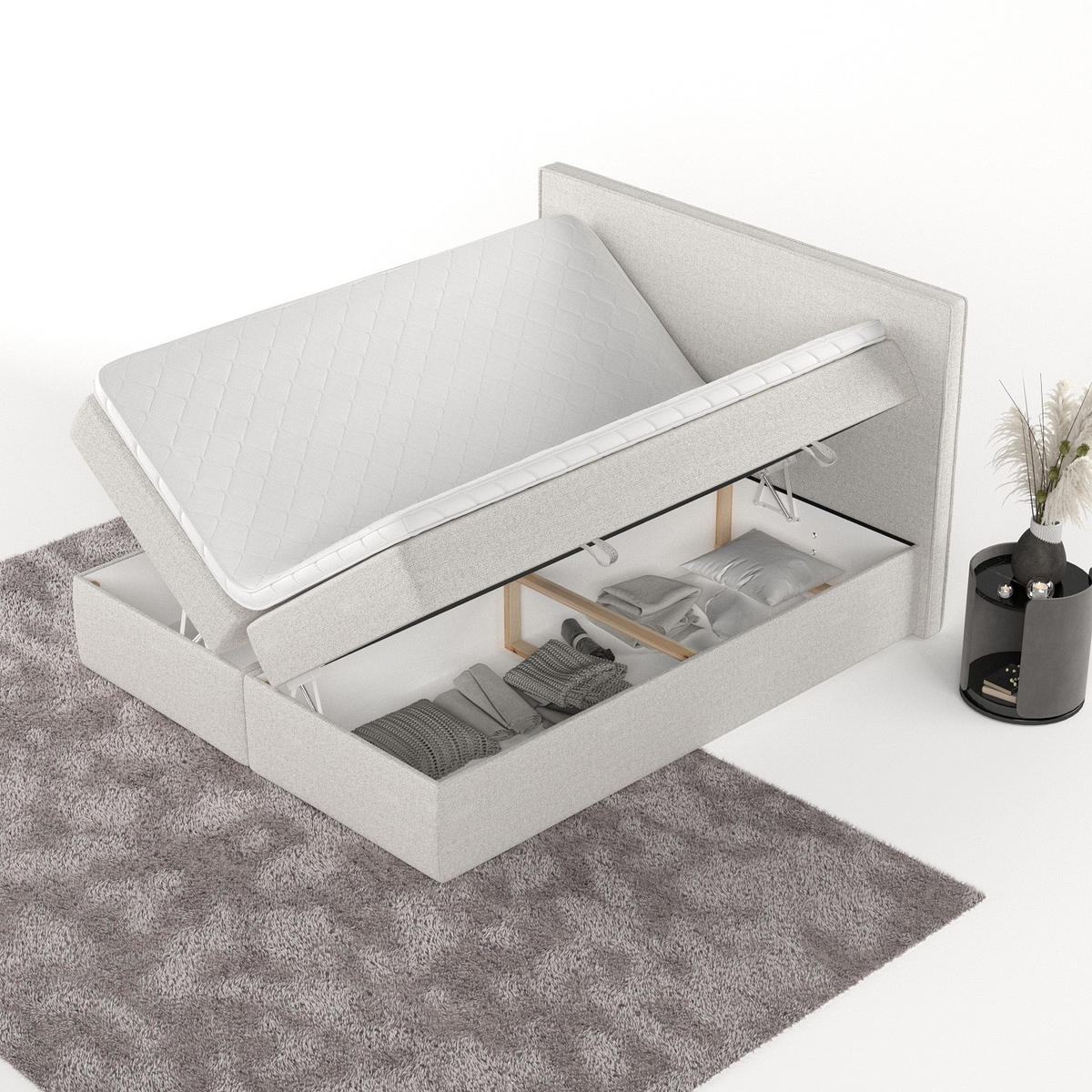 BOXBETT Nuvia 140/200 cm Hellbeige im Riva Stoff - Sandfarben/Schwarz, Holz/Holzwerkstoff (140/200cm) - AltaBeds