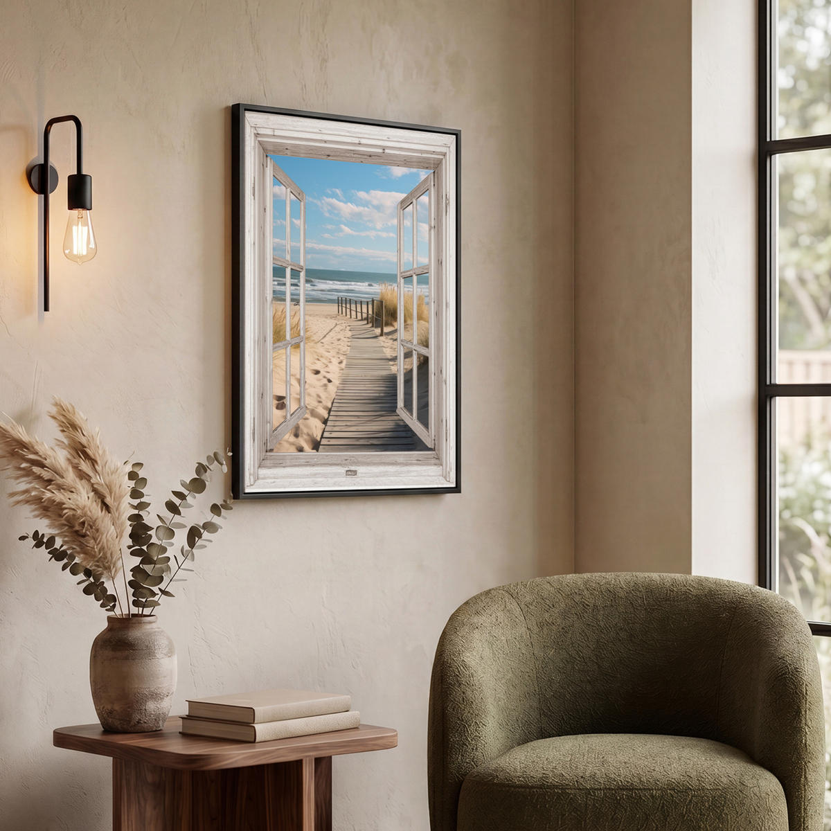 LEINWAND Bilder mit Rahmen - Fenster - Meer - Küste - Natur - Ausblick - Strand - Wattenmeer - 60x80 - Beige, Textil (60/80cm) - MuchoWow