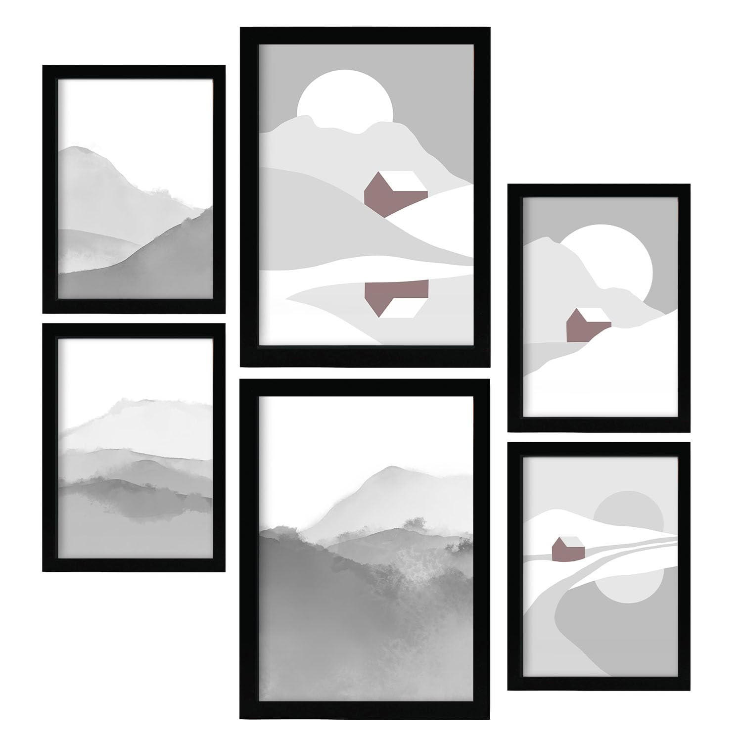POSTER Set Mit 6 Naturtöne Landschaft Größe A3 & A4 Schwarzer Rahmen - Schwarz, Papier (29.7/1cm) - Nacnic