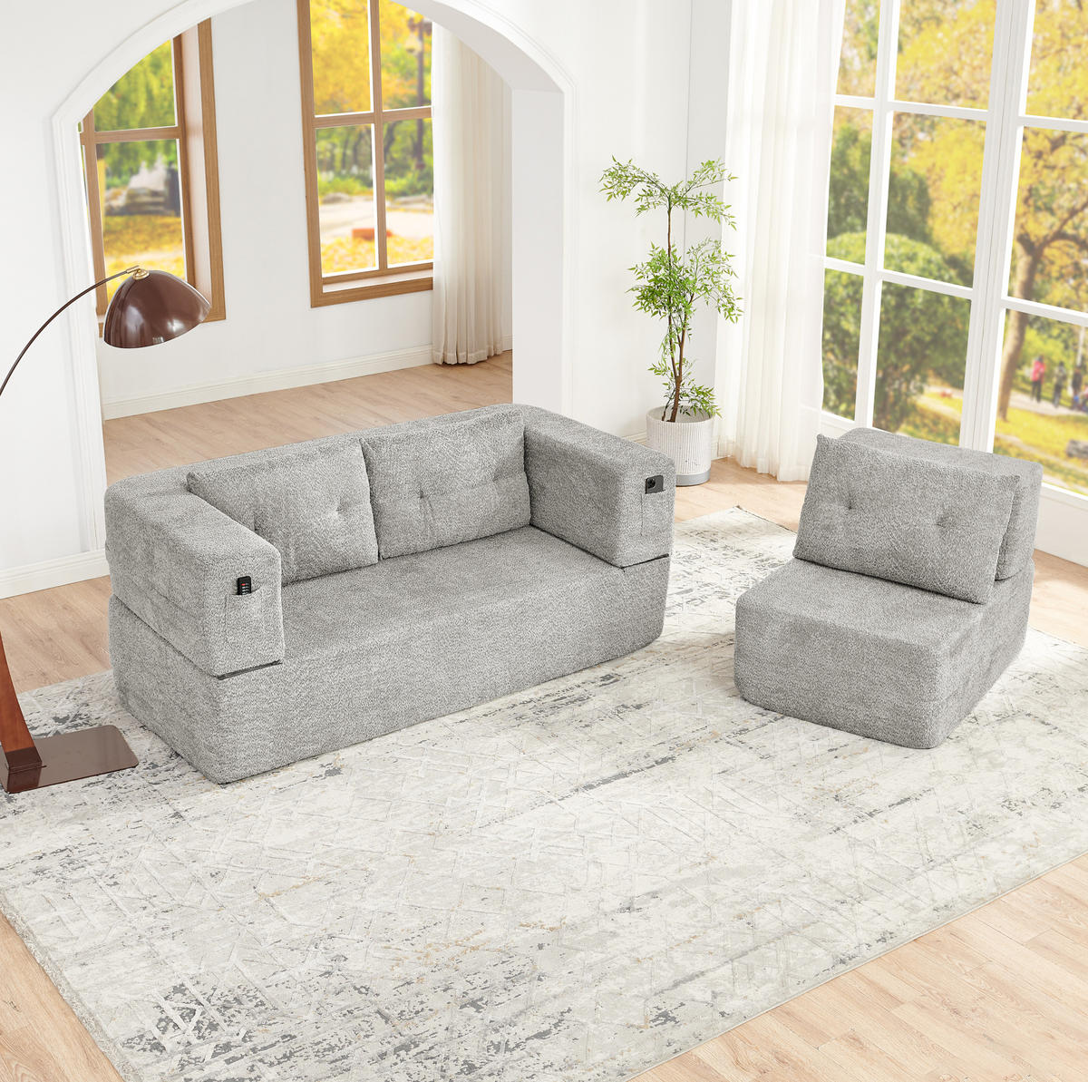 SCHLAFSOFA 199/194/39 aus Stoff mit Sessel und Liegefunktion Hellgrau - Hellgrau, Textil (194/39/199cm) - Modenvie